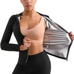 Sauna Suit Hot Sweat Body Shaper Jacket Waist Trainer Long Sleeve Zipper Shirt Workout Top, Black Y7, 2XL/3XL