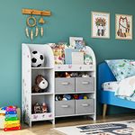 HOCSOK Kid‘s Toy Storage Unit, Children's Toy Box Organiser with 4 Non-woven Fabric Bin, Large Bookshelf Rack Cabinet for Nursery, Kindergarten, Playroom, White