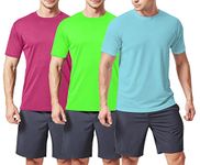 TEX2FIT Men's 3 Pack Active Sport Quick Dry T-Shirts (3 pcs Set) (Turquoise/Fuchsia/Neon Green, L)