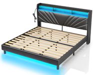 Rolanstar King Size Bed Frame, Storage Headboard with Charging Station and LED Lights, Upholstered Bed with Heavy Duty Wood Slats, No Box Spring Needed, Noise Free, Easy Assembly, Black