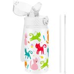 GOPPUS 420ml/14oz Kids Insulated Water Bottle with Straw Cute Double Wall Stainless Steel Child's Small Flask Vacuum Insulated Steel Metal Leak Proof Drink Flask Boys Toddler Girls Flask BPA-Free