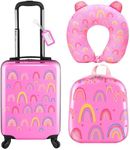 Sanwuta 4 Pcs Kids Luggage Set Kids Backpack Rolling Suitcase with Wheels U-shaped Pillow for Girls Boys Travel Luggage Set(17 Inch,Rainbow Style,Pink)