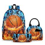 Tehotabe School Backpack for Boys Girls Backpack for Elementary 17 Inch Lightweight School Bookbags Kids Backpack 3 in 1 Set School Bags with Lunch Box Pencil Case (Fire Basketball)