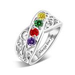 925 Sterling Silver Personalized Mother Ring with 1-6 Simulated Birthstones Free Engraved Ring for Women Family Promise Rings for Grandma (4 Stones)