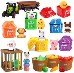 Giocattoli Montessori per l'apprendimento dei bambini, Set di Fattoria con Animali 4 in 1 per Bambini in Età Prescolare 1-3 anni, Set di Verdure, Trattore con Rimorchio, Regalo per Ragazzi e Ragazze