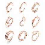 Adramata 9PCS Adjustable Toe Rings for Women Hypoallergenic Open Toe Ring Set Flower Arrow Tail Pinky Knuckle Rings Summer Beach Foot Jewelry