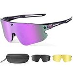 Odoland Polarized Magnetic Sports Sunglasses, Black Frame Plated Purple Lense, Replaceable Grey Lense and Night Vision Lense for Men Women Adult for Riding Driving Fishing