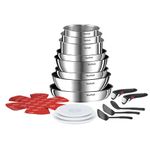 Tefal Ingenio Detachable Handle Pan 20pcs, Stainless Steel, Compact, Compatible with All hobs Induction & Oven, 2-in-1 Pans and bakeware Set, Stackable cookware Set Ideal for Small Kitchen storages