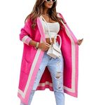 chouyatou Women's Color Block Vertical Striped Open Front Oversized Hooded Long Cardigan Sweaters with Pockets, Rose Red, Large