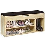 CASART Shoe Bench, Wooden Shoe Storage Cabinet with Flip-Up Top, Detachable Cushion & 3 Compartments, 2-Tier Shoes Rack Shoe Storage Stool for Hallway Entryway Living Room, 103x30x48cm (Wood Grain)