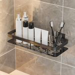 Moforoco Bathroom Accessories with Hooks | Self Adhesive Bathroom Shelf for Wall | Washroom Organiser Made of Strong Quality Metal (Black-Pack of 1)