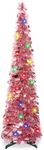 Pinkswan 5Ft Pencil Christmas Tree Pink with Lights, Artificial Pop Up Christmas Tree Collapsible, Tinsel Christmas Tree Slim Xmas Tree for Holiday Home Office Fireplace Party Decorations