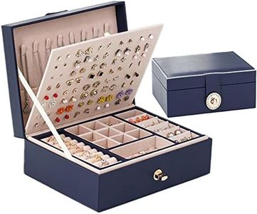 ProttyLife Jewelry Boxes For Women, Jewelry Box,Travel Jewelry Case,Earring Organizer,Jewelry Holder, Necklace Organizer,3 Layer PU Leather Jewelry Display Storage Case with Lock (Blue)