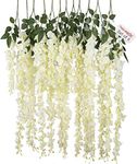 Tied Ribbons Set Of 6 Artificial Silk Wisteria Hanging Flowers Strings Garlands For Home Decoration Wedding Party Garden Outdoor Ceremony Events Backdrop Floral Décor (White,Longest String 111 Cm)