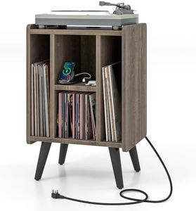Giantex Record Player Stand, Vinyl Record Storage Turntable Stand with 4 Open Shelves, Power Outlet and USB Charging Port, Vintage Record Player Holder Display Shelf for Living Room, Bedroom, Office