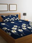 The Little Big Store Polycotton Floral Flat Double Bedsheet Printed with 2 Pillow Covers Breathable Supersoft (Blue Daisy)