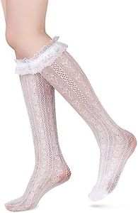 Benefeet Sox Womens Lace Knee High Socks Girls Ruffle Knee Highs Sexy Sheer Trouser Socks Black White Mesh Fishnet Stockings, White Lace Heart, One Size