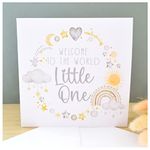 New Baby Card. Girl or Boy. Gender Neutral. Newborn Congratulations. Welcome to World Card. Watercolour Grey Yellow Cloud Star Rainbow. Square Modern Greeting Card