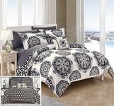 Chic Home 6 Piece Barcelona Super soft microfiber Large Medallion REVERSIBLE with Geometric Printed Backing Bed In a Bag Black With sheet set, Polyester, COMFORTER-TWIN