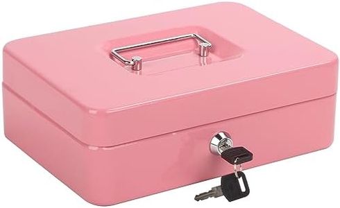 Sgorlds Large Locking Cash Box with Removable Coin Tray, Portable Safe Metal Money Box with Key Lock,Petty Small Money Organizer for Cash with Double Layer & 2 Keys, 9.84"x 7.87"x 3.54", Pink