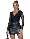 ohyeahlady Women's Sexy V Neck Lace Bodysuits Long Sleeve Body Suit Soft Stretch Leotard Top with Snap Crotch Black Plus Size UK 16