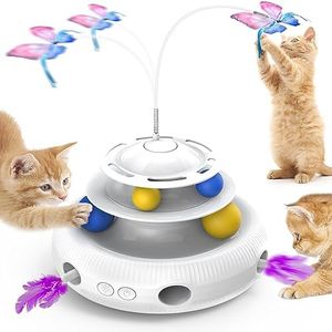 FURFUN Cat Toys Automatic 3-in-1 Interactive Kitten Toy, Rechargeable Power Balls & Handmade Butterfly Cat Feather Toy Auto On/Off, Indoor Exercise Cat Toy, KM28