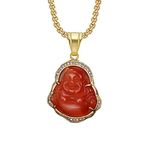 AILUOR Lucky Laughing Buddha Necklaces, Good Luck Necklace Buddha Pendant Green Jade Buddha Necklace Iced Out Bling Cubic Zirconia 18K Gold Plated Chain Dainty Amulet Necklace Jewelry Gift (Red)