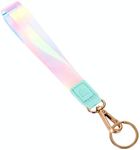Cute Wrist Lanyard for Keys / Women’s Wristlet Strap for USB, Small Wallet & Phone / Aesthetic Short Mini Key Chain Holder with Clasp / Girls Holographic Sparkly Glittery Keychain Accessories (Mint)