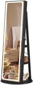SONGMICS LED Mirror Jewelry Cabinet Standing, Lockable Jewelry Armoire with Full-Length Mirror and Adjustable LED Lights, Space-Saving Jewelry Organizer with Mirror, Christmas Gifts, Ink Black