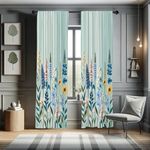 Ambesonne Spring Window Curtains, Modern Garden with Leafy Lavenders and Daisy Huddle with Boho Stripes, Lightweight Decor 2-Panel Set with Rod Pocket, Pair of - 28" x 63", Sea Blue Olive Green Ecru