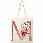 BeeGreen 12 oz Canvas Tote Bag Aesthetic Tote Bag for Women Teacher Shopping Gift Bag for Mother's Day, Natural and Pink, Large, Floral M