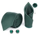 Axlon Mens Plaid Dotted Silk Necktie Gift Set With Pocket Square Cufflinks & Brooch Pin Tie For Men Formal With Leatherite Box (Green D1GNRX Free Size)