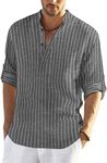 COOFANDY Men's Cotton Linen Henley Shirt Long Sleeve Hippie Casual Beach T Shirts Black Striped