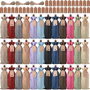 Shappy 36 Pcs Burlap Wine Bags Bulk Wine Gift Bags Canvas Wine Bottle Cover with Drawstrings, Reusable Sublimation Blanks Bottle Present Bags with Ropes and Tags for Christmas Birthday Home Storage