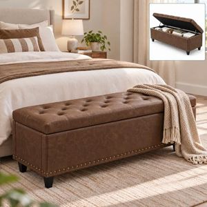 Tbfit Long Ottoman with Storage, 50.8" Faux Leather End of Bed Bench with Safety Hinge&Rivets, Entryway Benches Large Storage Ottoman Bench for Bedroom, Living Room, Holds up to 660 lb(Brown)