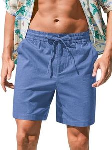 RQP Mens Cotton Linen Shorts Casual Drawstring 7inch Inseam Shorts Stretch Summer Beach Wear,Blue