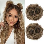 REECHO 2 PCS Mini Claw Clip in Messy & Cat Ears Hair Bun Extensions Wig Accessory Updo Hairpieces for Women Girls (Pack of 2-3.5" Wavy, Light Ash Brown with Highlights)