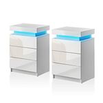 TUKAILAi LED Bedside Table Set of 2 with 3 Drawers and Top Storage, White Bedroom Cabinet with LED Light, Nightstand High Gloss Front Bed Cabinet Chest of Drawers Living Room Bedroom Furniture