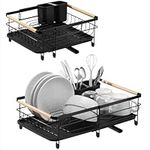 Navaris Expandable Dish Rack - Adjustable Draining Board for Drying Dishes - Removable Plates and Cutlery Holder - Kitchen Sink Washing Up Drainer with Plug and Drip Tray - Black