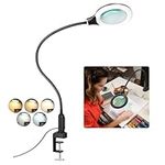 TOMSOO 10X Magnifying Glass with Light and Clamp, 26" Gooseneck Real Glass Magnifying Desk Lamp, 5 Color Modes Stepless Dimmable LED Lighted Magnifier Hands Free for Painting Close Work Crafts Sewing