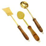 Planto Living Brass Lead Free Wooden Handle Ladle (Golchi), Serving Spoon (Chammach) and Turner (Palta) Heavy Weight 14.5 inch for Dinnerware, Cooking & Serving (Set of 3)