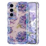 EYZUTAK Case for Samsung Galaxy S24, Colorful Retro Oil Painting Flower Laser Glossy Pattern Cute Curly Wave Edge Exquisite Phone Cover Stylish Durable TPU Protective Case for Girls Women - Purple