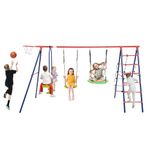 Costzon Swing Sets for Backyard, 6 in 1 Heavy-Duty Metal Swing Set with 2 Swings, Glider, Basketball Hoop, Climbing Ladder and Net, Playground Sets for Backyards, Outdoor Playset for Kids 3+ (Red)