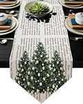 FAMILYDECOR Linen Burlap Table Runner Dresser Scarves 16x72 Inch, Christmas Tree Decoration on Vintage Old Newspaper Background Farmhouse Table Runners for Holiday Parties, Dining Room, Home Kitchen