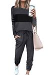 PRETTYGARDEN Women's Color Block 2 Piece Tracksuit Crewneck Long Sleeve Tops Long Sweatpants Outfits Lounge Sets(Dark Grey,Large)