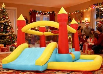 Toiyjofe Inflatable Bounce House, Bounce House with Air Blower, Ball Pit, Bouncing Area, Basketball Game, Dart Game, Jump House for Indoor & Outdoor for Kids Aged 3-6 with Repair Kit & Storage Bag