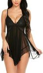 Avidlove Lingerie for Women Lace Babydoll Mesh Chemise V Neck Sexy Sleepwear(Black,S