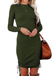 Oyamiki Women's Ruched Bodycon Drawstring Fall Dress Sexy Long Sleeve Stretch Knit Midi Dresses Army Green