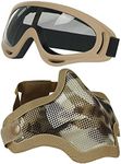 AOUTACC Airsoft Half Face Mask Steel Mesh and Goggles Set, Skull Tactical Masks Protection Gear for Paintball BBS CS Nerf Game Cosplay Halloween Costume Accessories (Tan Camo)