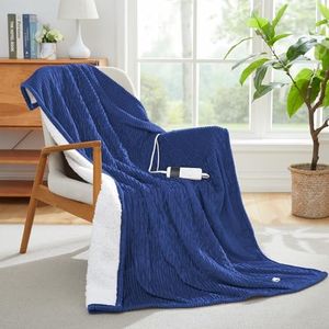Electric Heated Blanket Throw, Full Body Size Fast Heating Blanket with 10 Heat and 1-8 Hours Auto-Off Time Settings, Reversible Ultra Soft Flannel and Sherpa for Cosy Warmth (50” x 60”) - Navy
